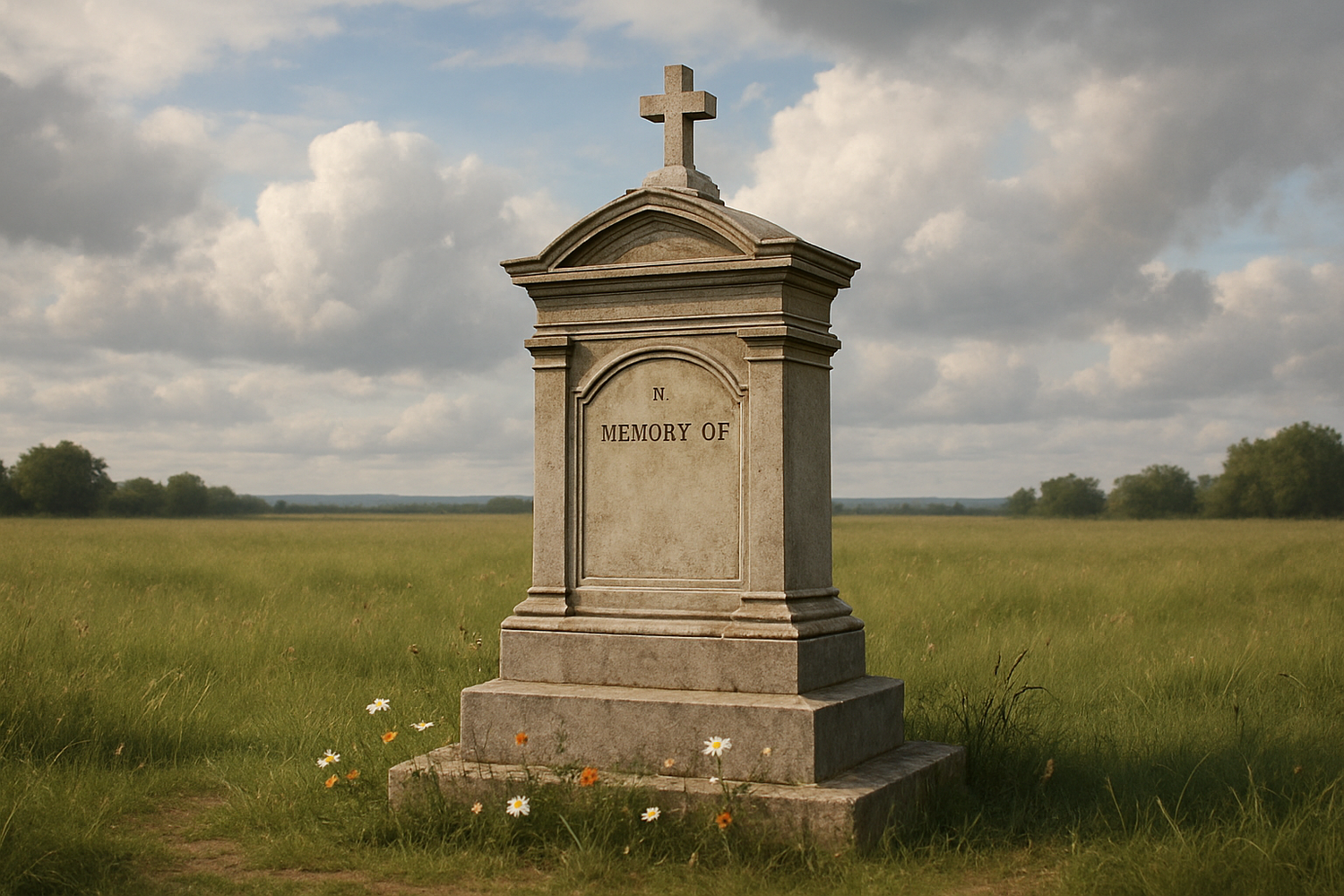 Grave monument in a field.